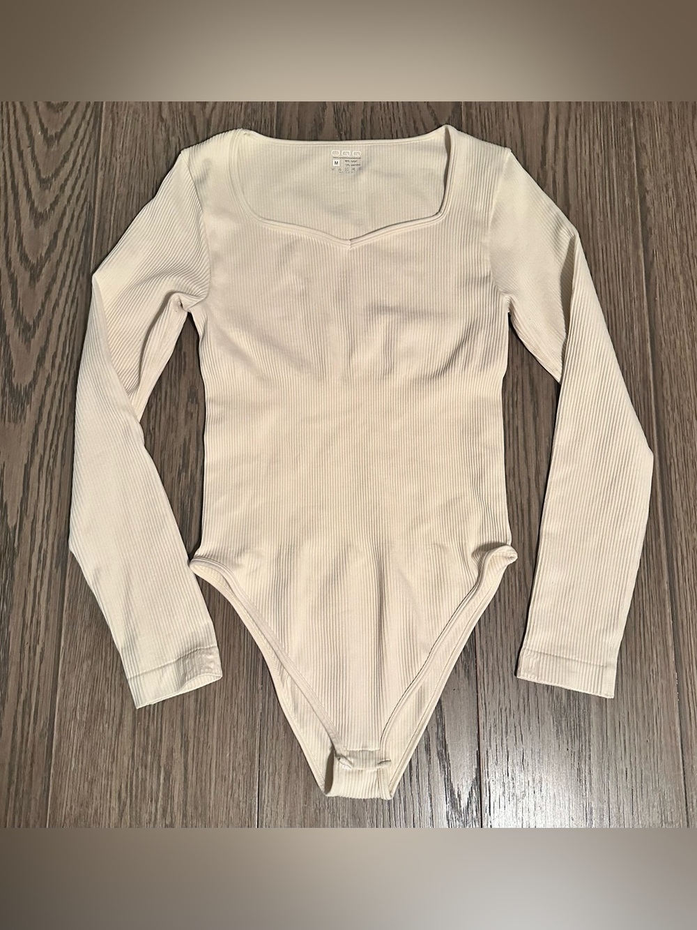 Ribbed Long-Sleeve Cream Square Neck Bodysuit